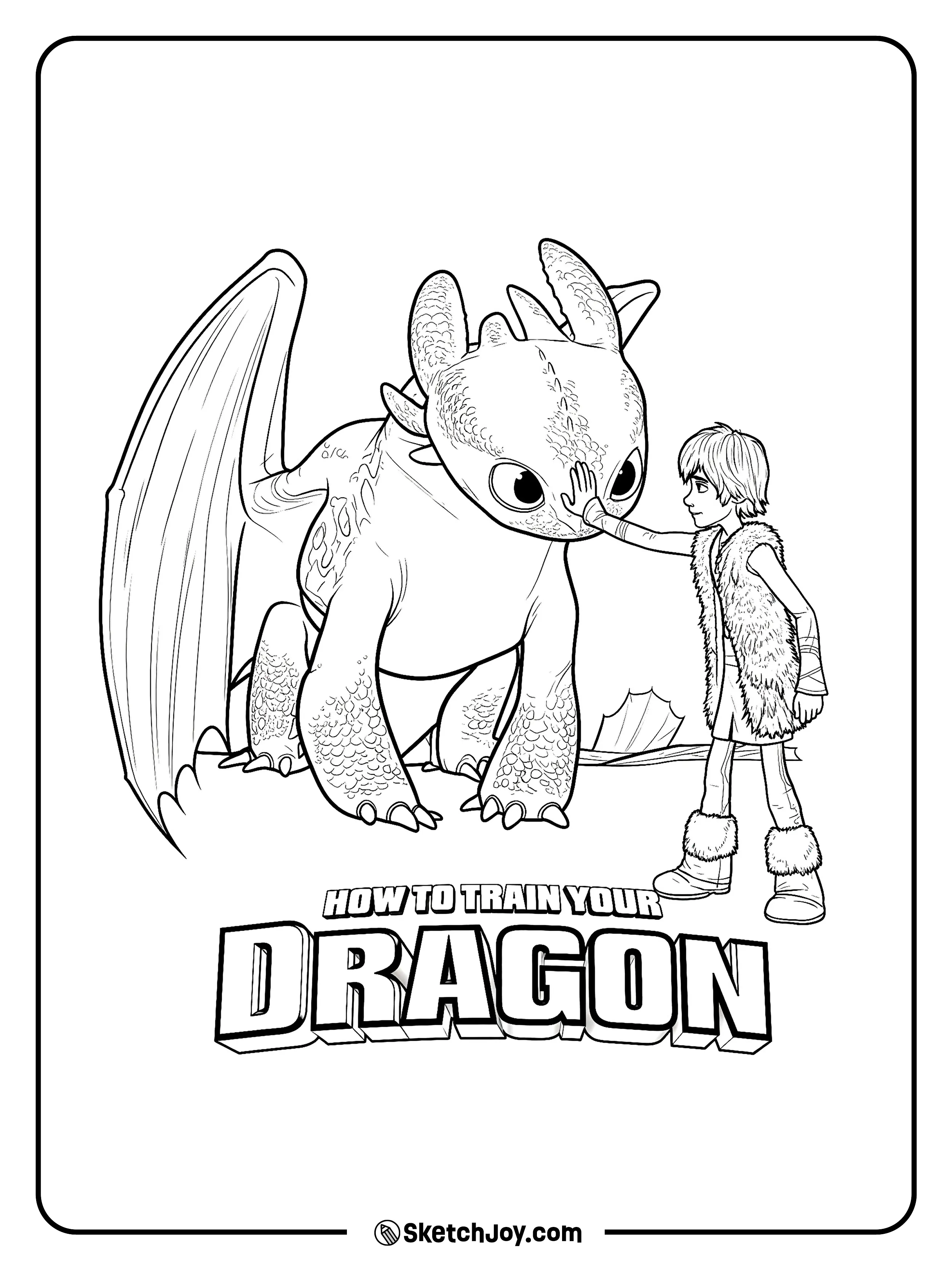 Hiccup gently touches Toothless on the head in a calm and friendly scene.